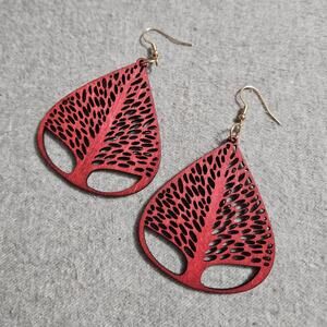 Boutique Bright Red Filigree Tree of Life Laser-Cut Wooden Dangle Earrings